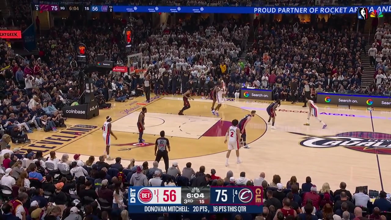 Paul Reed drives and dunks it on Jarrett Allen as the Pistons finally score after a 23-0 run by the Cavaliers