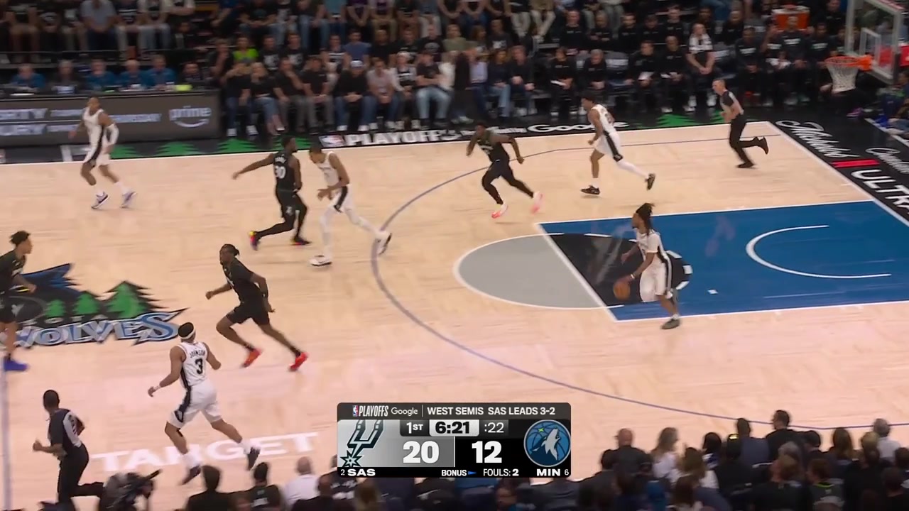 Stephon Castle makes the double clutch layup And-1 after a contact by Anthony Edwards with replays11 points in 6 minutes for Castle