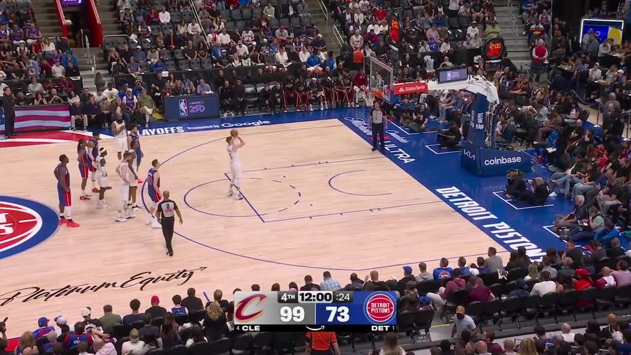 Ausar Thompson receives a technical foul at the end of the 3rd quarterSam Merrill starts the 4th quarter making a free throw putting the Cavaliers up 27 points in game 7
