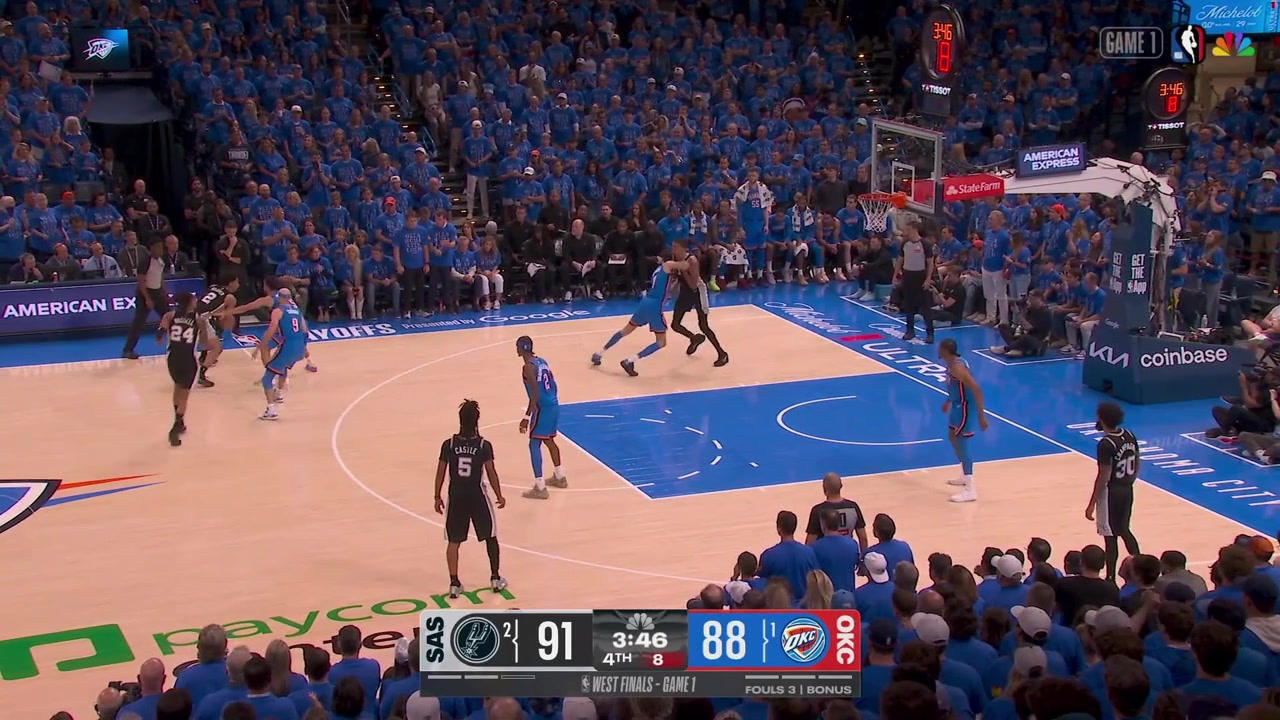 Victor Wembanyama gets blocked by Chet Holmgren on the dunk attempt and Alex Caruso scores the layup on Wemby at the other end cutting the Spurs' lead to just 1