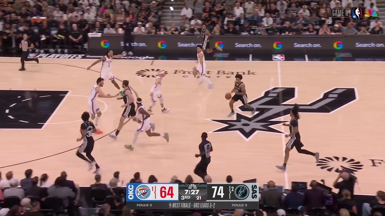 Stephon Castle drives through the Thunder defense and scores the And-1 layup then continues with a great defense on Shai Gilgeous-AlexanderDylan Harper grabs the rebound and scores the long 2 over Jaylin Williams with a replayThe Spurs are up 15 points again