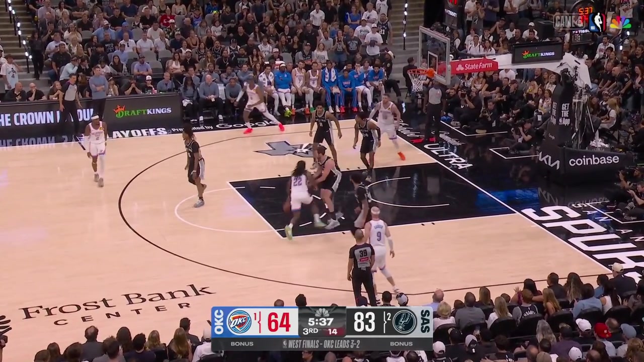 Stephon Castle strips Shai Gilgeous-Alexander and Cason Wallace with a great chasedown defense to prevent a bucket the Spurs want a travel call on Shai Gilgeous-Alexander and Jalen Williams misses the 3 in a chaotic possession