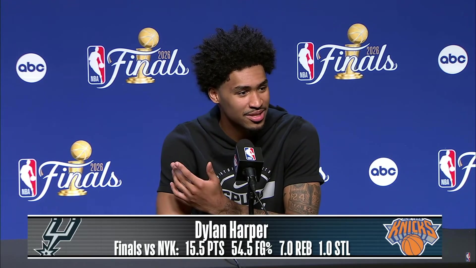 Someone yells Dylannn from the back during Dylan Harper's press conferenceDylan smiles and waves at him