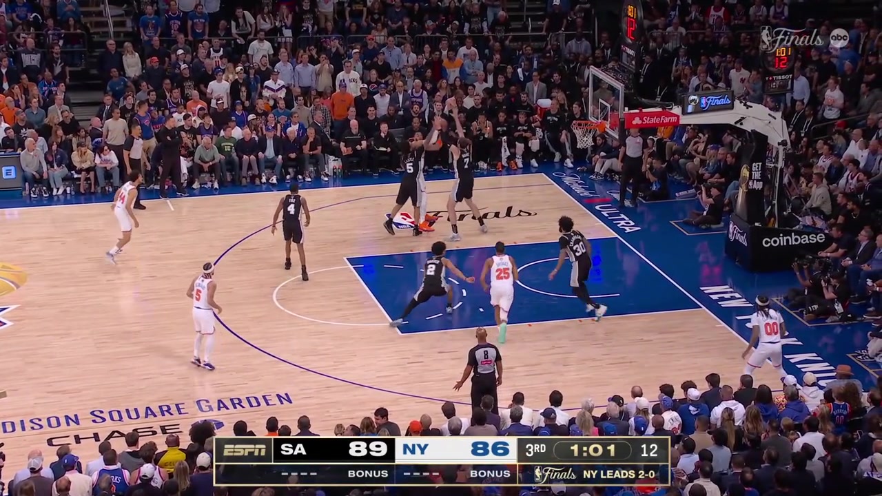 Karl-Anthony Towns gets trapped passes to Jordan Clarkson who somehow manages to get a space for the step back 3 over Julian Champagnie to beat the shot clock with a replay