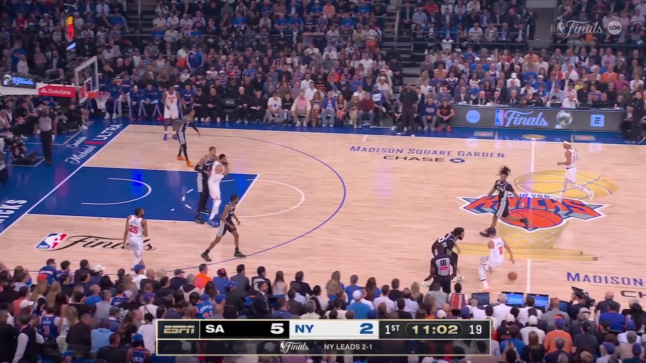 Karl-Anthony Towns drives and Victor Wembanyama is called for the foul the Spurs successfully challenge the foul call 65 seconds into the game and it is overturned to offensive foul on KAT - already his second with replays
