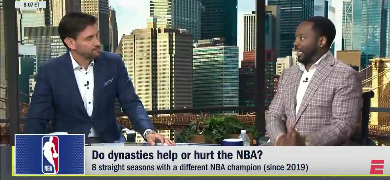 Discussing the lack of repeat champions in the modern NBA ESPN's Vincent Goodwill calls the Larry O'Brien a participation trophy