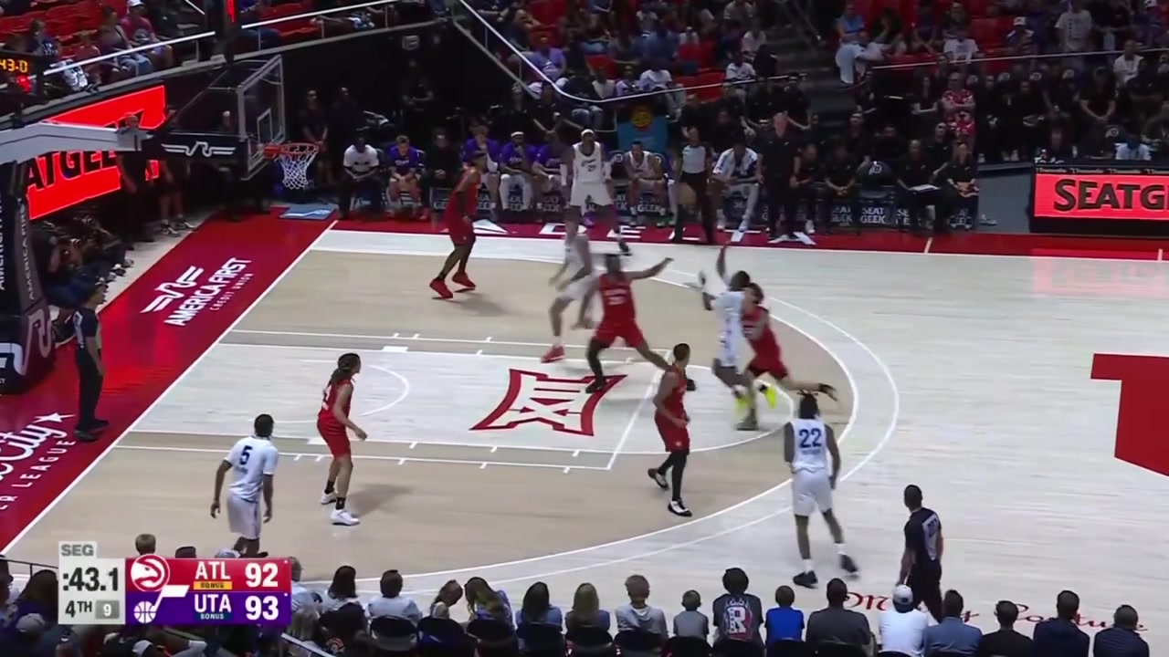 Gabe Madsen hits a big clutch 3 to put the Hawks up 2 but then fouls Max Abmas at the other end and after an unsuccessful challenge by the Hawks Abmas scores both free throwsKingston Flemings misses the potential game-winner and we're going to Summer League OT