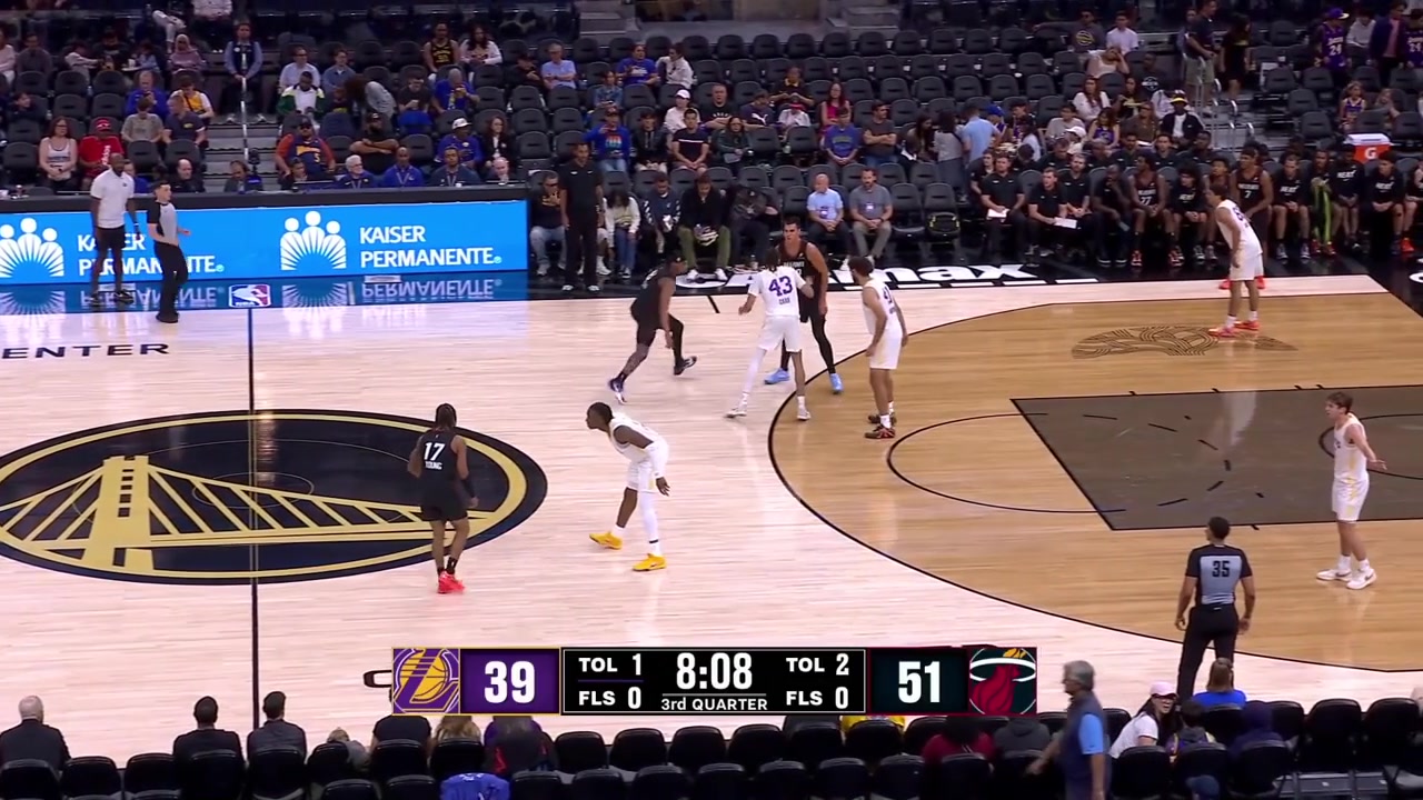Vladislav Goldin with a great chasedown block on Adou Thiero's powerful fastbreak dunk attempt with replaysHe then stares down Thiero and points at the Lakers' bench