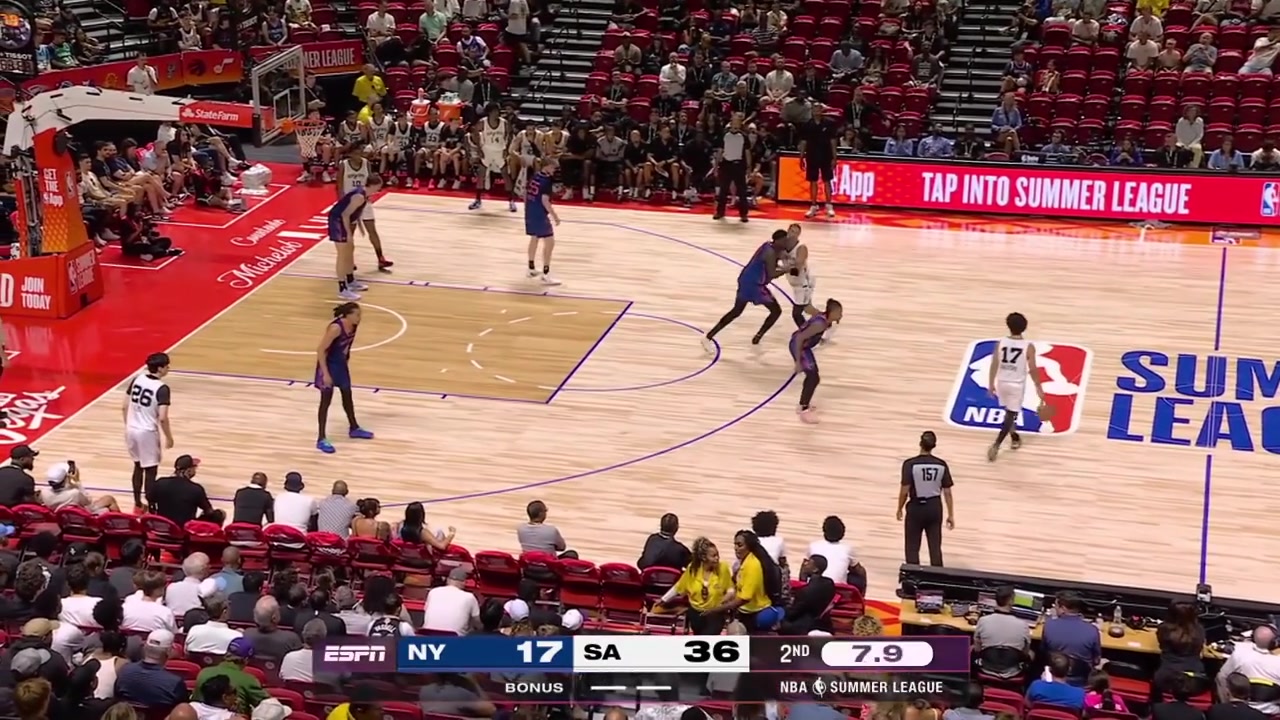 Carter Bryant makes the tough And-1 shot despite heavy contact from Mohamed Diawara with replays The Knicks finish the 1st half with only 17 points
