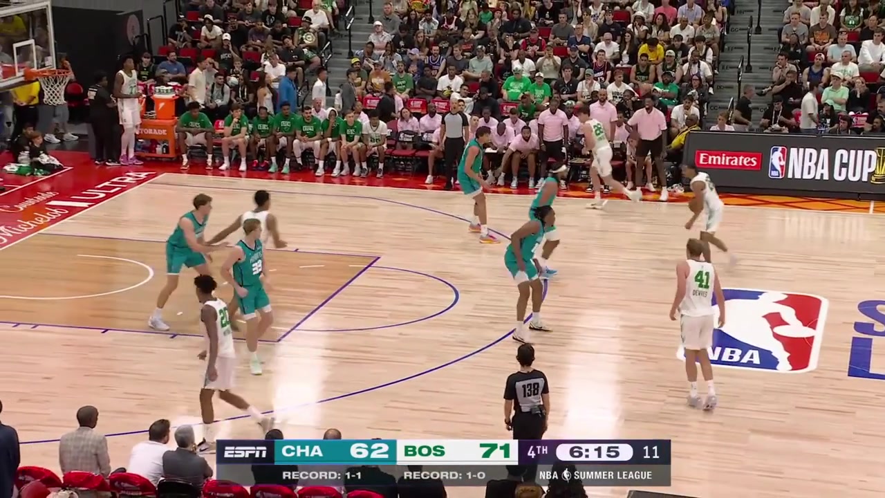 Milos Uzan shows his handles and hits the step back 3 to put the Celtics up 11 with replays13 points for Uzan off the bench so far