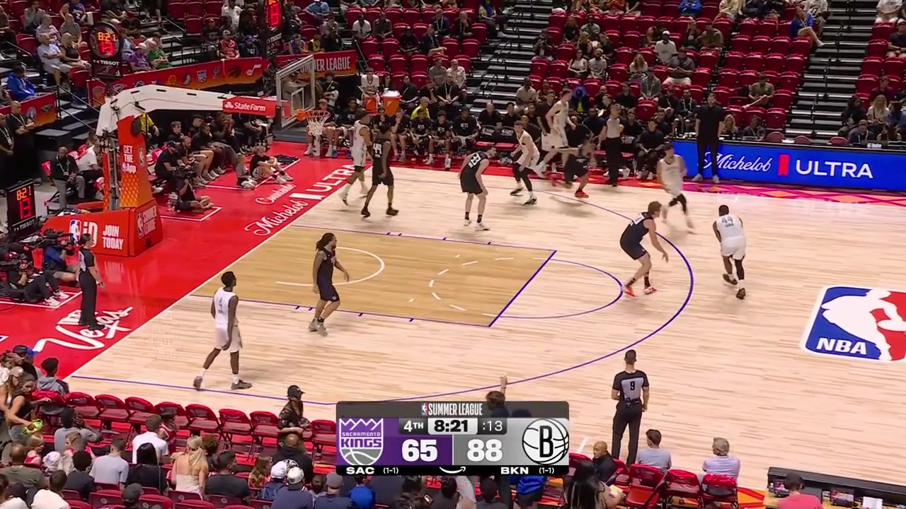 The Brooklyn Nets players are mystified about the 'delay of game' Danny Wolf receives their 2nd of the game so a technical free throwSharp hits the free throw and shortly after drives and scores the tough layup on Ben Saraf