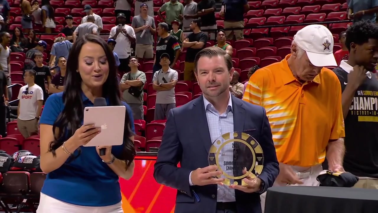 Yaxel Lendeborg recieves receives a trophy for being the MVP of the 2026 Summer League Championship gameIncluding an interview with YaxelThe Warriors players start getting their championship rings