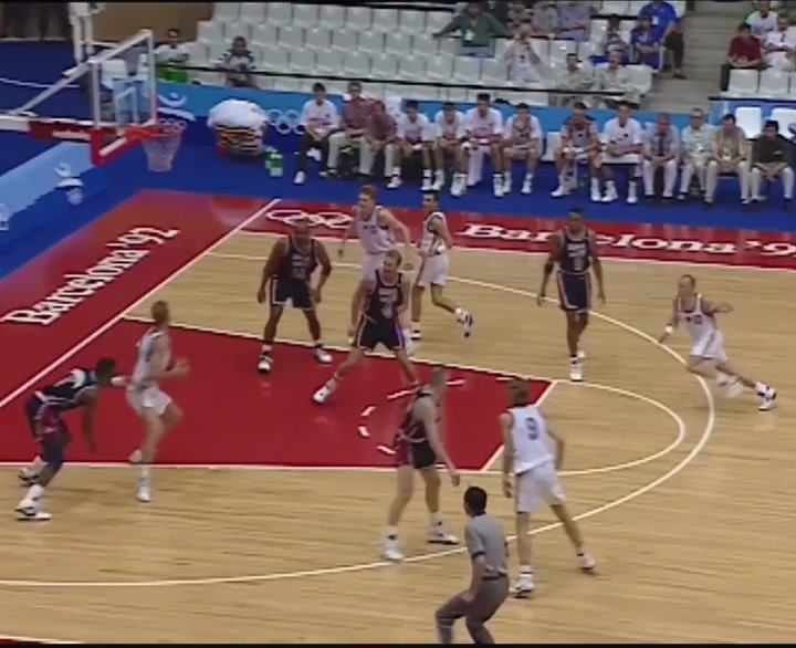 vintage Dream Team sequence as Bird finds Mullin who finds Barkley for the slam