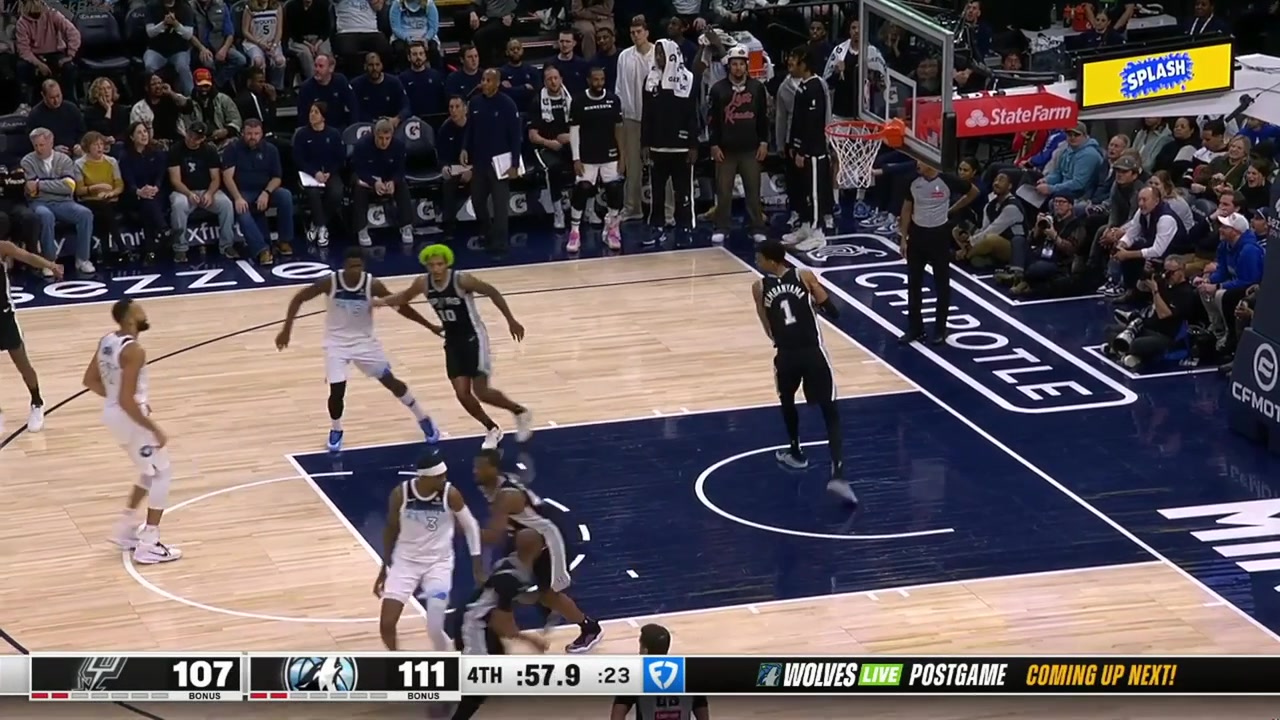 Victor Wembanyama with the spin move and the ridiculous left-handed dunk on the Timberwolves in the clutch with replays Timberwolves and Spurs commentary
