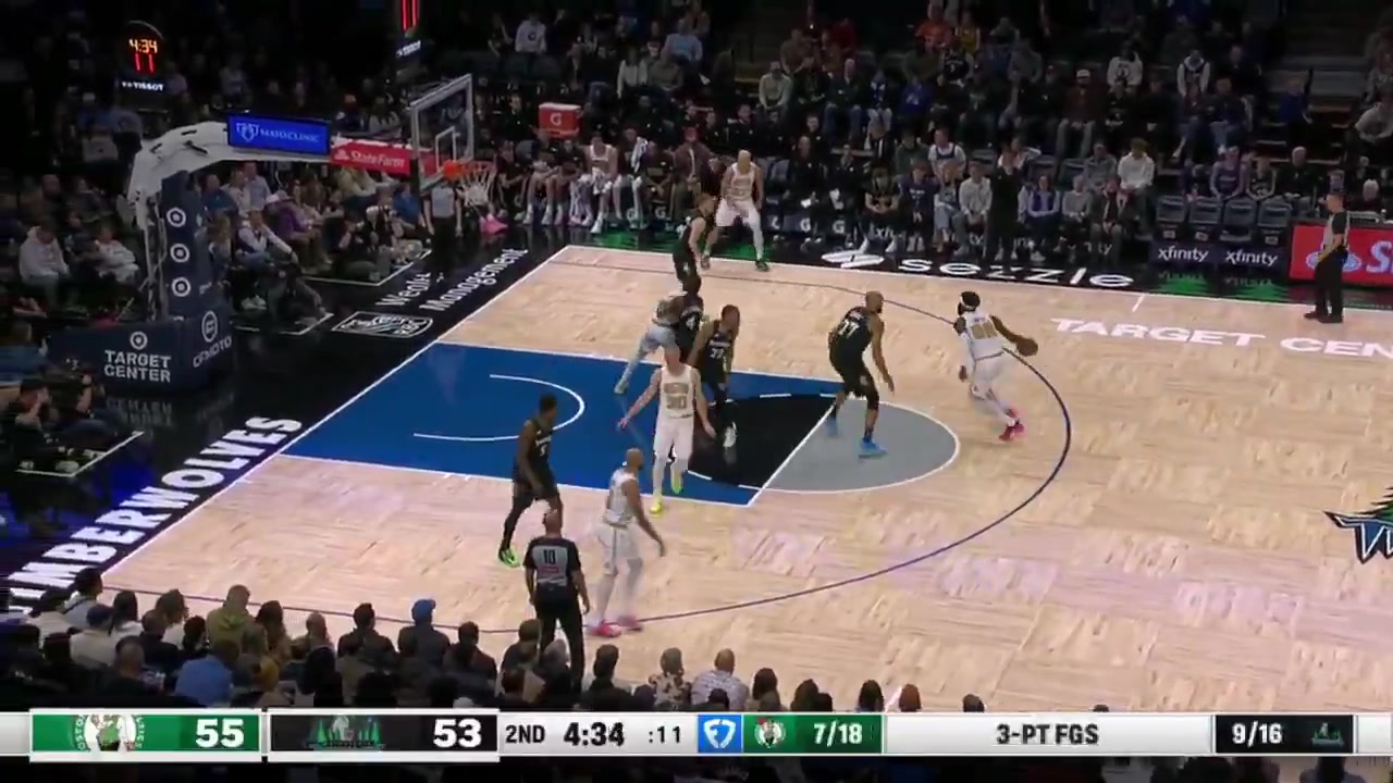 A left-handed pass from Jaylen Brown to Sam Hauser in the corner for three
