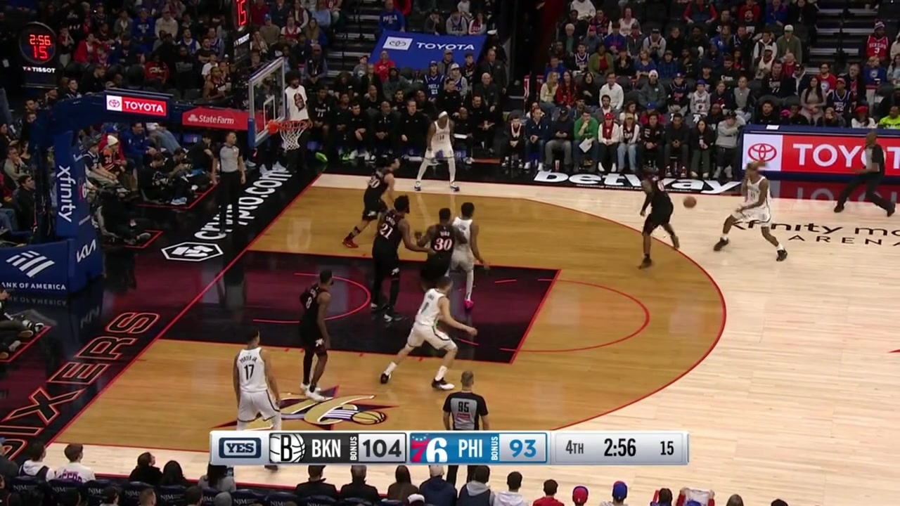 Egor Dmin with the 3 Tyrese Maxey with the layup MPJ lobs it to Claxton for the dunk PG with the corner 3 and Dmin hits another 3 to settle the win for the Nets with a replay