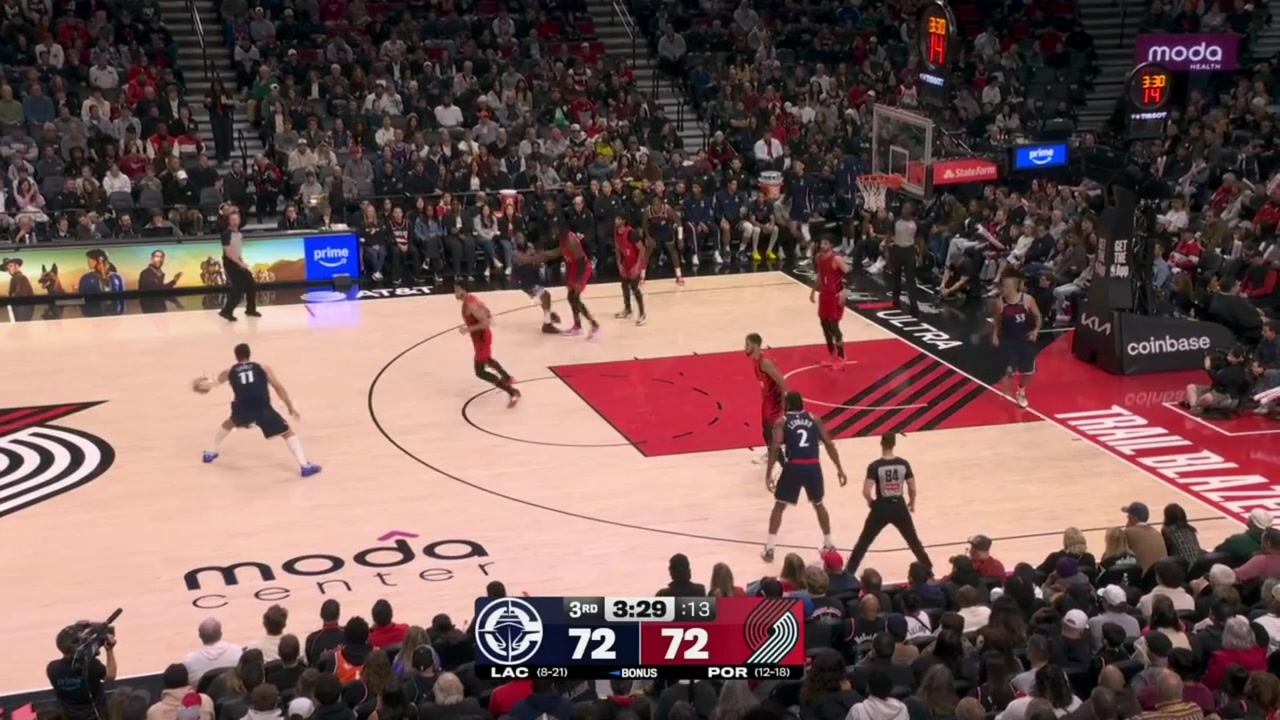 Brook Lopez is left wide open twice and sinks his 8th and 9th triple of the night - a career-high giving the Clippers their first lead of the night with replays