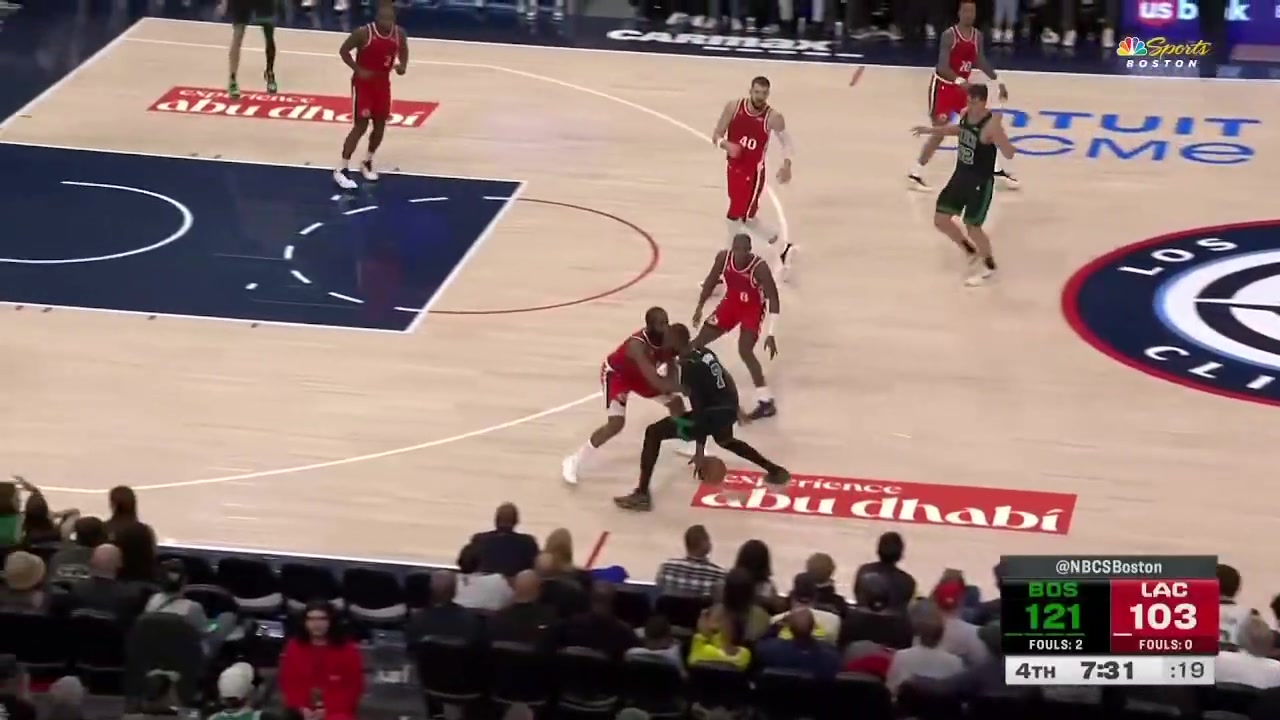 Jaylen Brown hits the fade away corner triple over James Harden reaching 44 for the night