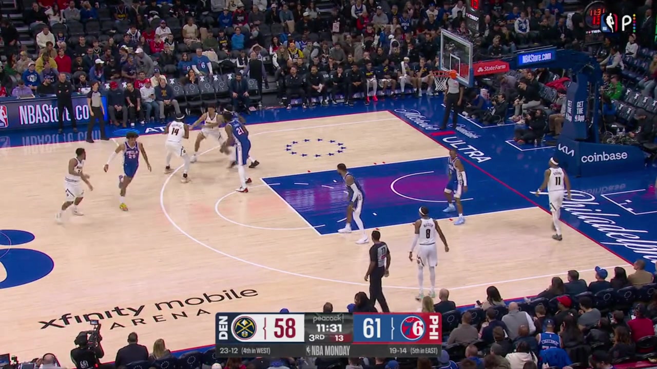 Jalen Pickett hits a second step-back three-pointer on Joel Embiid giving him five three-pointers and a new career-high of 17 points and counting
