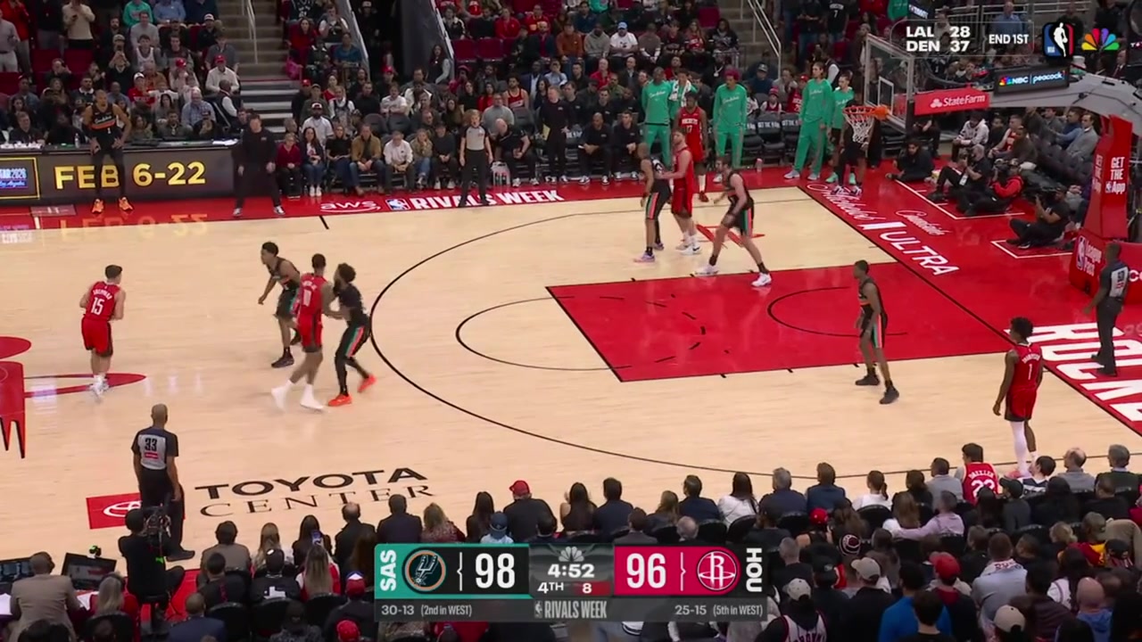 Reed Sheppard with a big clutch 3 to give the Rockets the lead Keldon Johnson scores off the offensive rebound to give the Spurs the lead and Reed Sheppard with the beautiful drive and finish to regain the lead for the Rockets