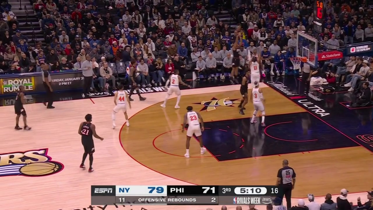 Tyrese Maxey caught ball watching and Landry Shamet scores the easy layup off an assist by Jalen Brunson with a replay A 19-3 run by the Knicks