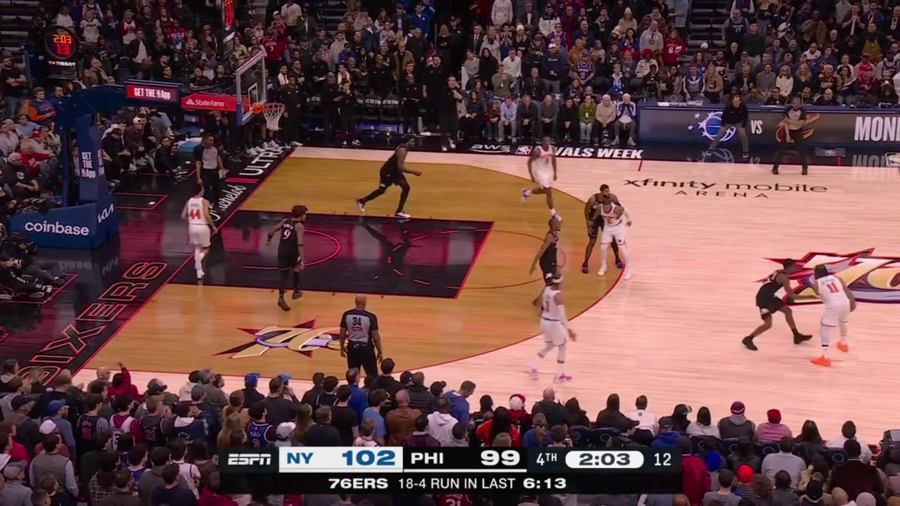 OG Anunoby with the clutch putback dunk and VJ Edgecombe with the big 3 at the other end off an assist by Joel Embiid
