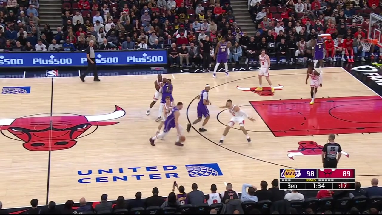 Luka Doncic with an incredible pass to cutting Jarred Vanderbilt for the dunk and then hits the 3 and then what seems like as a shooting celebration with replays