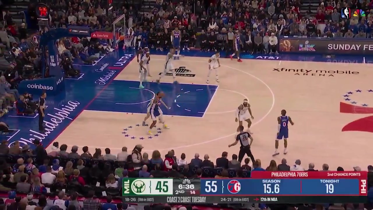 The two-man game between Paul George and Tyrese Maxey opens up George for his third three-pointer of the game