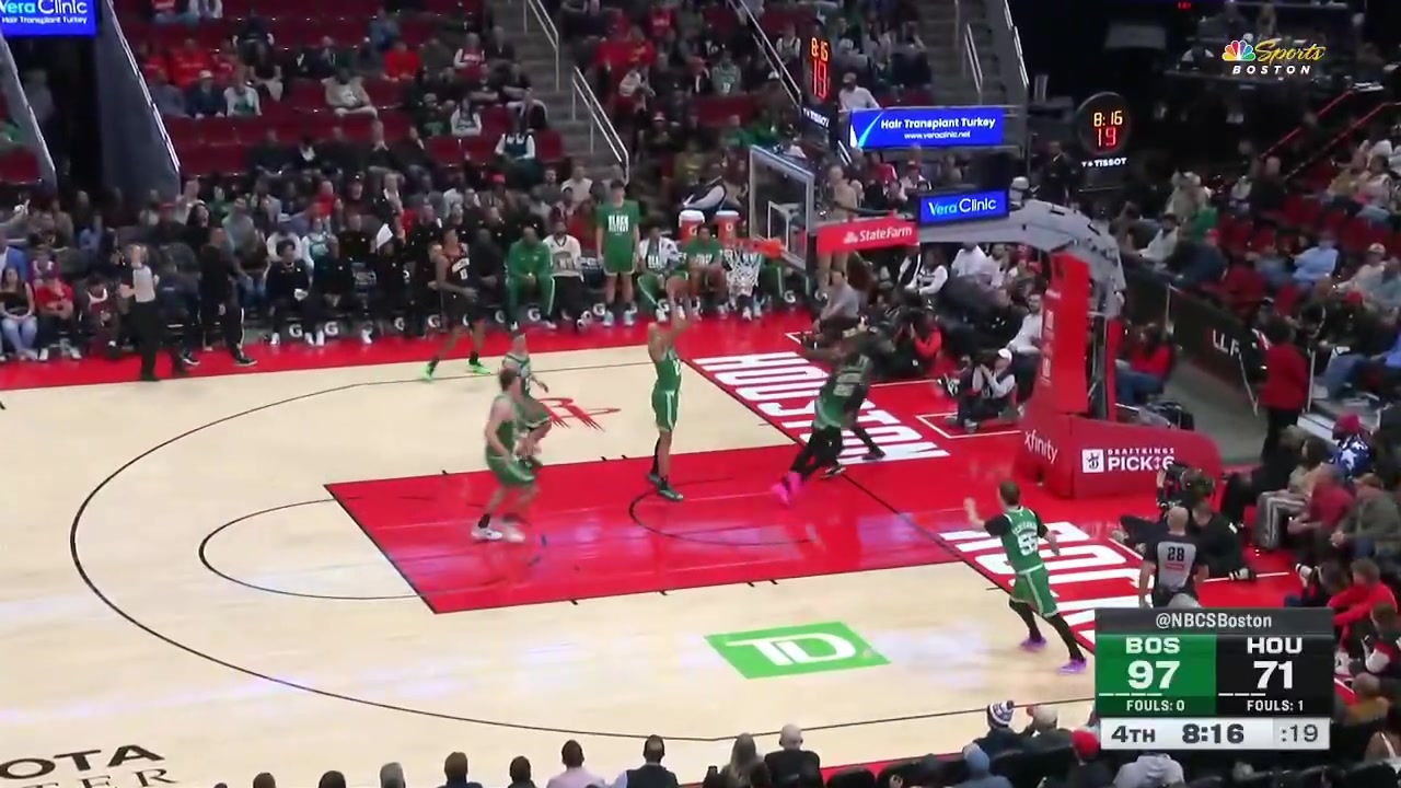 Neemias Queta blocks the ball and stumbles deep into the stands recovers and comes back to block the ball again on the fast break vs the Rockets