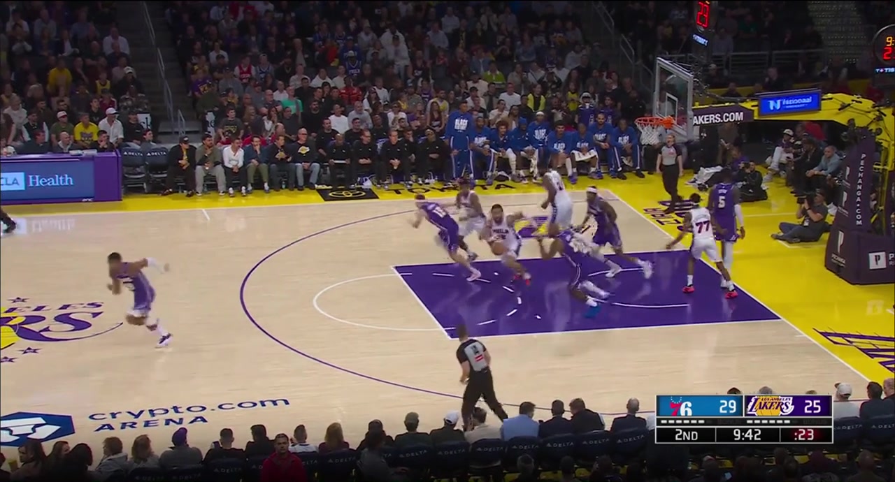 LeBron goes coast to coast and extends for the dunk