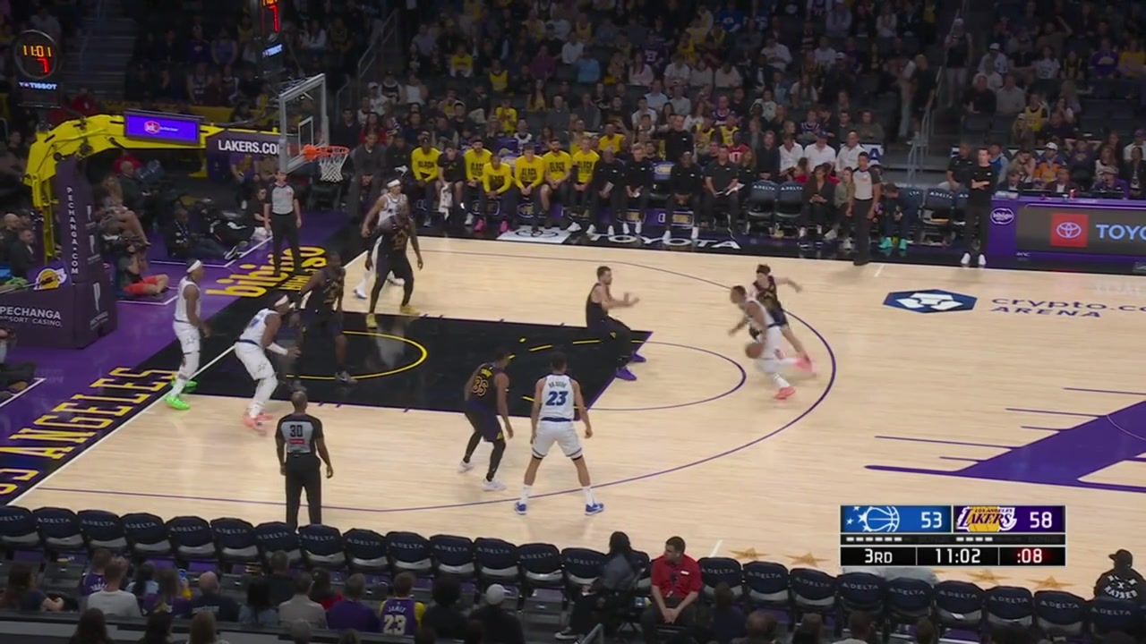LeBron James with the alley-oop one-handed dunk off the give and go with Austin Reaves who scores the rainbow 3 in the next possession and then hits the jumper off a Magic's timeout with replays