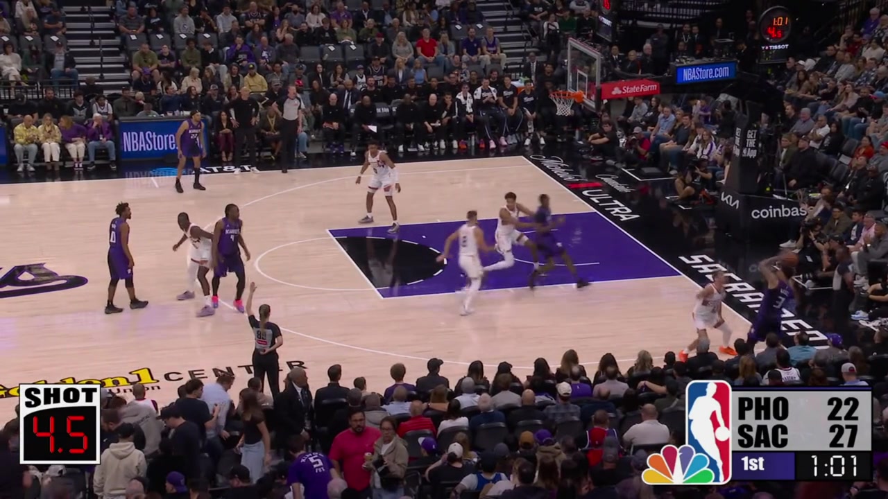 Malik Monk banks in the 3-pointer on one leg to beat the shot clock with a replay NBC and Suns commentaries