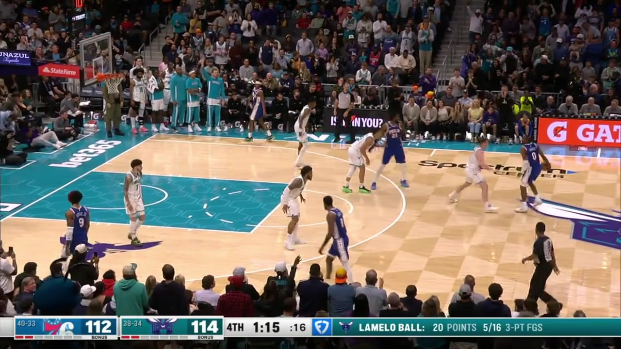 In a 2-point game with 68 seconds remaining in regulation Paul George trips and pushes Miles Bridges who hits Joel Embiid Bridges hit with the foulThe Hornets challenge was not successful as the leg contact deemed incidental