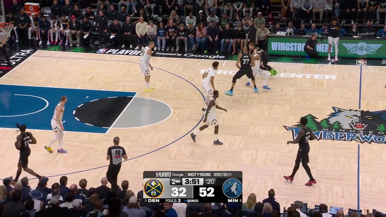 Donte DiVincenzo passes to Ayo Dosunmu who gives up the corner 3 and passing him back and Donte hits the corner 3 to put the Timberwolves up 23 points in the 2nd quarterNuggets timeout