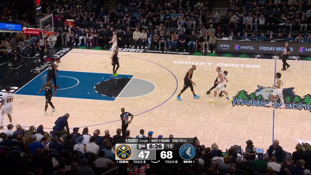 Rudy Gobert blocks Nikola Jokic from behind inside the paint with a replay and Julius Randle with the fastbreak layup at the other end
