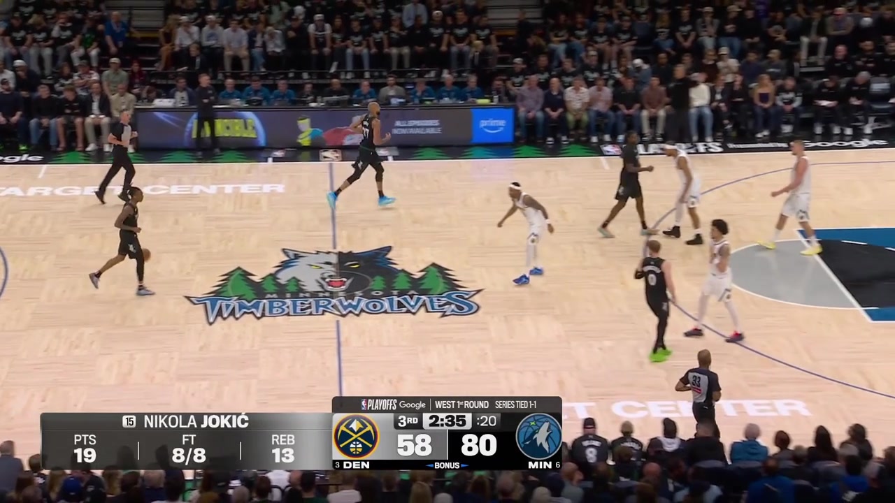Naz Reid lobs it over Nikola Jokic to Rudy Gobert for the dunk with a replay