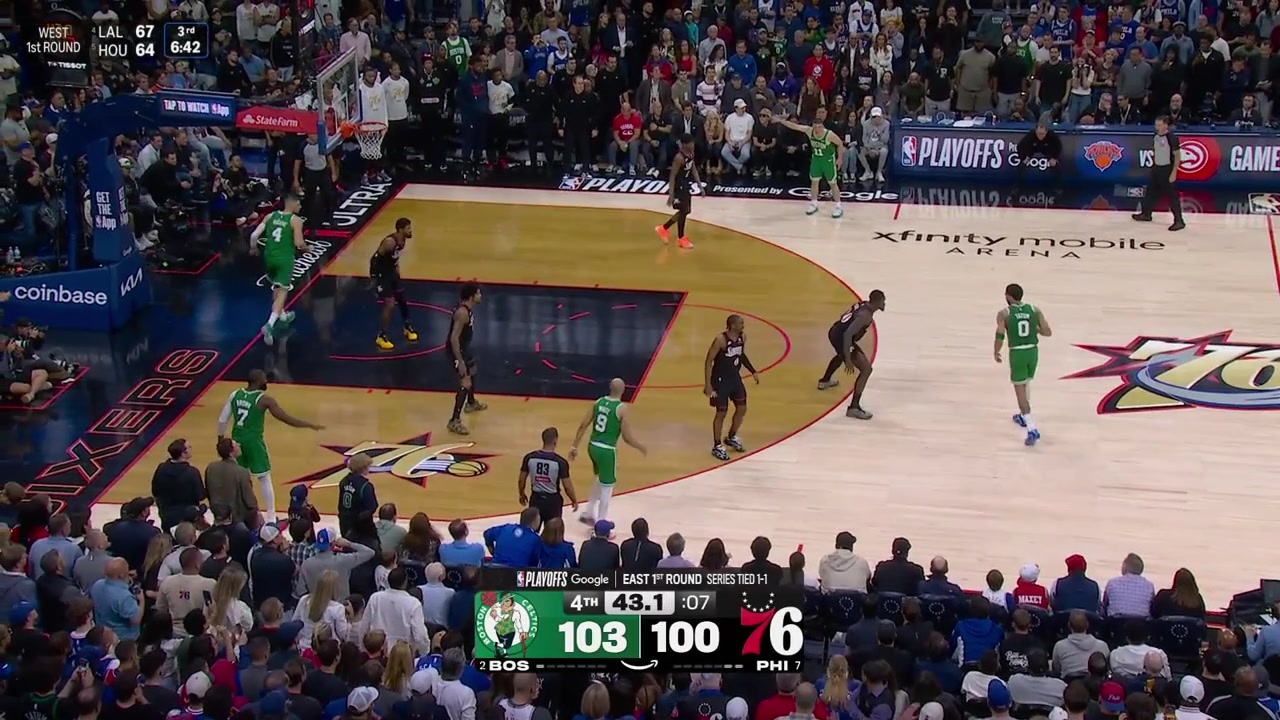 Derrick White with a huge offensive rebound and Jayson Tatum swishes the clutch 3 over Adem Bona putting the Celtics up 6 with 253 seconds remaining in regulation with a replay