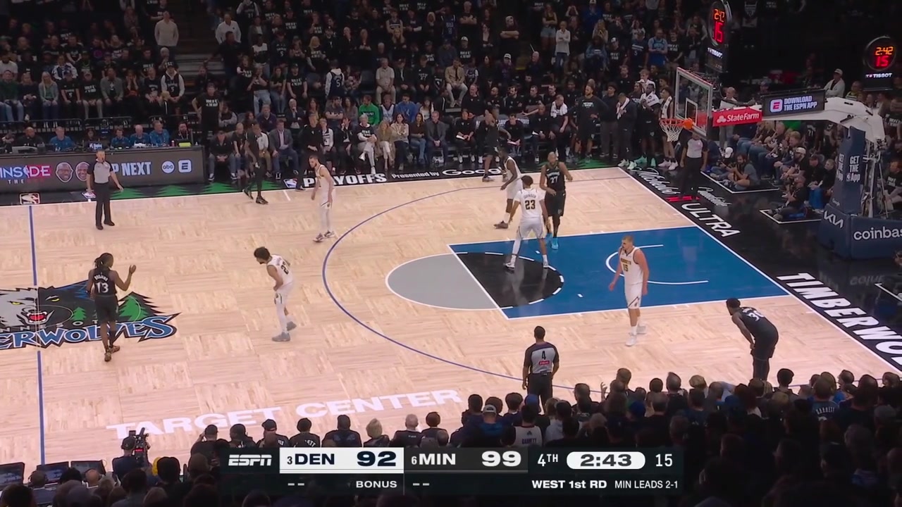 Ayo Dosunmu drives Jamal Murray falls to the floor and Ayo finishes the layup to give him 36 points - a new career-high with a replayThe Timberwolves go up 9 Nuggets timeout