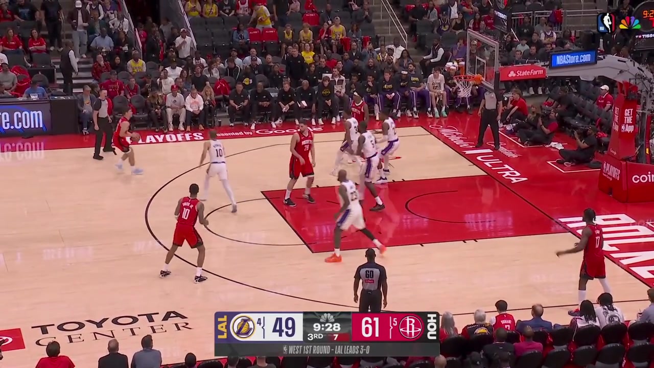 Reed Sheppard hits a 3-pointer Lakers turn the ball over on the inbound pass in the back court Marcus Smart intercepts the pass Alperen Sengun with a great chasedown block Sheppard slips turns the ball over and Rui Hachimura with the fastbreak layup with a replay