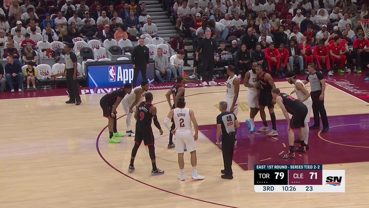 Scottie Barnes amp James Harden push and shove each other a bit while awaiting for the jump ball
