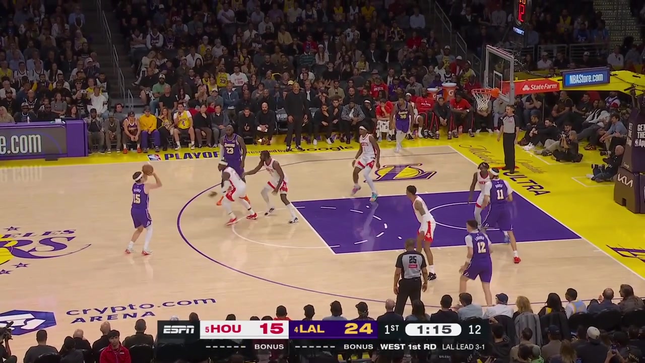 LeBron James splits the defense on the layup under the rim and scores then taps in the alley-oop lob by Austin Reaves with the friendly bounce