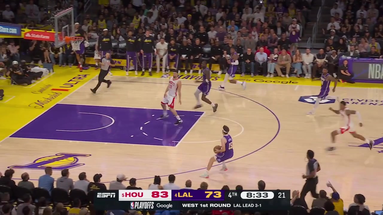 A wild possession by the Lakers end with Tari Eason's 5th foul as Austin Reaves misses two pullup 3s Ayton grabs both offensive boards then Ayton fumbles the behind the back pass by Reaves and LeBron James gets fouled on the drive