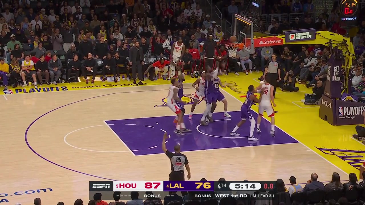 LeBron James grabs the rebound and goes coast to coast for the lefty layup as Deandre Ayton holds Alperen Sengun preventing him from helping with a replayThe Lakers cut the lead to 9 and LeBron with 19 points