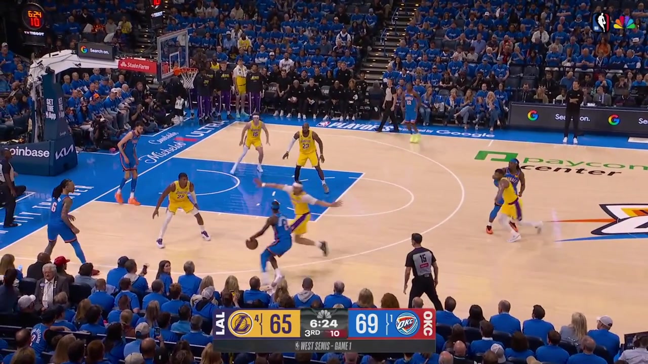 Shai Gilgeous-Alexander hits the fadeaway jumper Lu Dort hits a 3-pointer and Cason Wallace with the fastbreak layup to put the Thunder up 11 with replaysLakers timeout