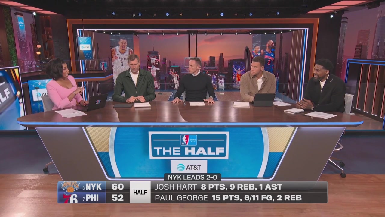 The Prime crew shakes their head and laughs as they see WWE replays of Embiid vs Towns