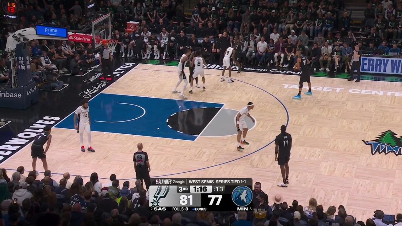 Victor Wembanyama blocks Anthony Edwards despite his arm being grabbed behind the back by Rudy Gobert then Anthony Edwards grabs Wemby's jersey preventing him from running on transition offense with replaysWemby is upset about the no foul calls
