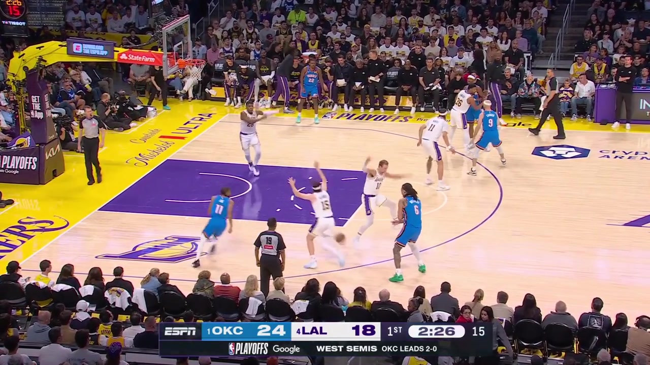 The Lakers are slow to rotate on defense and Cason Wallace hits the wide open corner 3 to give him 8 points putting the Thunder up 9a 13-2 run by the Thunder