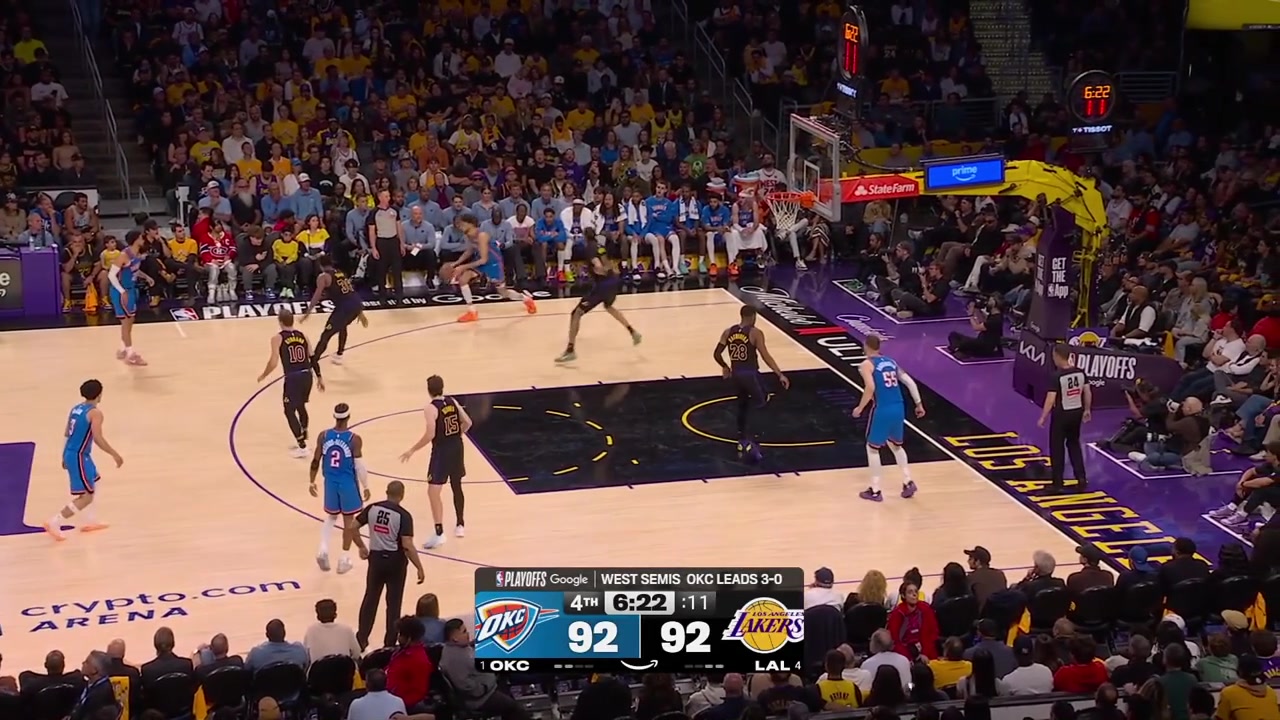 Ajay Mitchell dribbles against Marcus Smart who falls fouls Ajay who jumps over him and scores the And-1 with replayThe Thunder take the leadAn 8-0 run for the Thunder