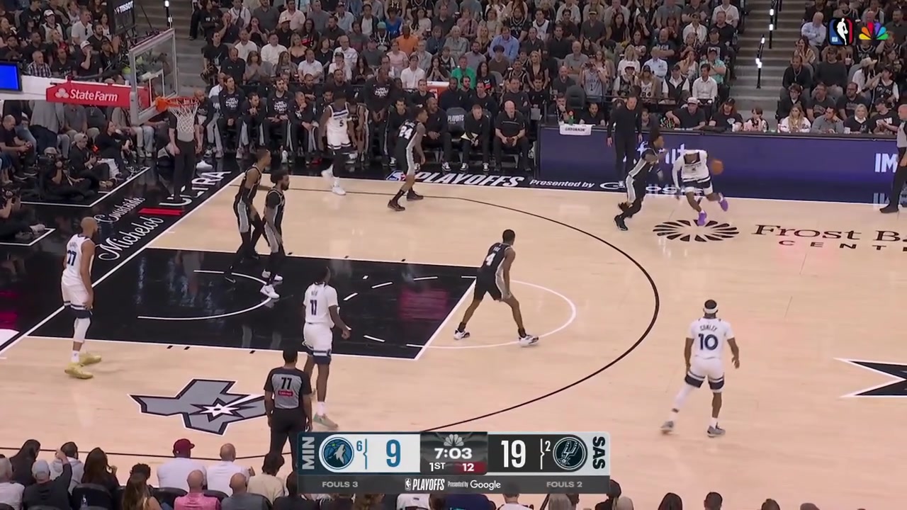 Victor Wembanyama grabs the rebound pulls the crossover moves on Rudy Gobert and throws it down with his left handHe also grabs a rebound and scores a 3-pointer to give him 16 points in the first 543 minutes of the gameWith replays