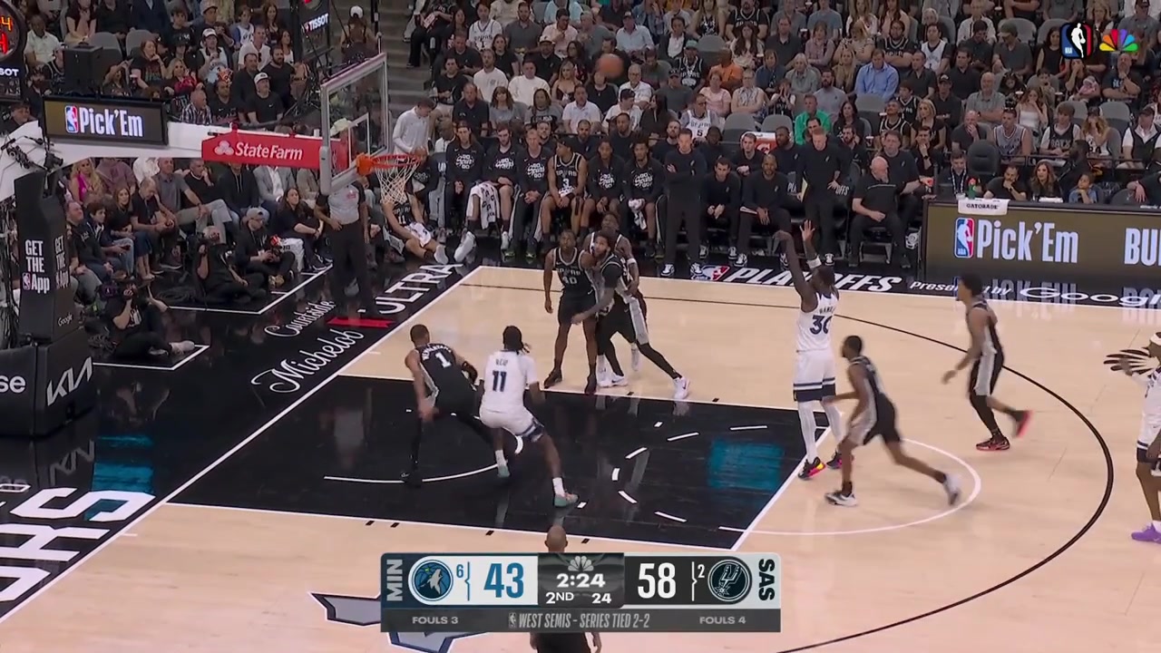 Naz Reid receives a technical foul after pushing Victor Wembanayama from the back as Wemby was boxing him out and Randle hits his second free throw with a replay Wemby converts the free throw to give him 21 points
